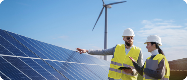 image shows two staff forecasting maintenance for solar panels