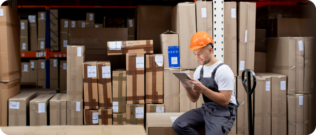 in the image, a warehouse worker examines the results of an inventory management analysis
