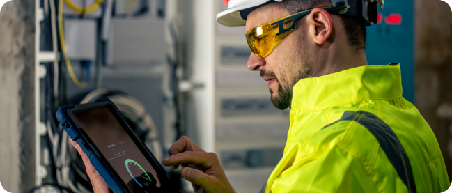 in the image, an engineer examines harvest detection results