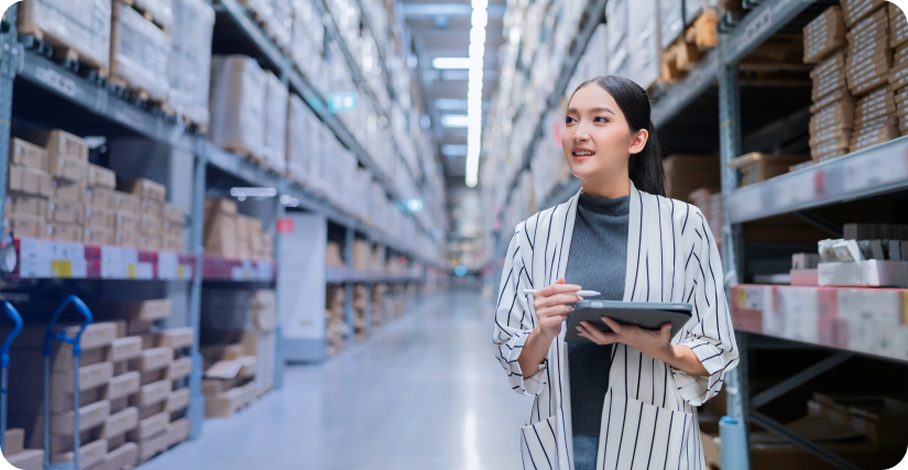 employee controls the warehouse with a tablet in his hand
